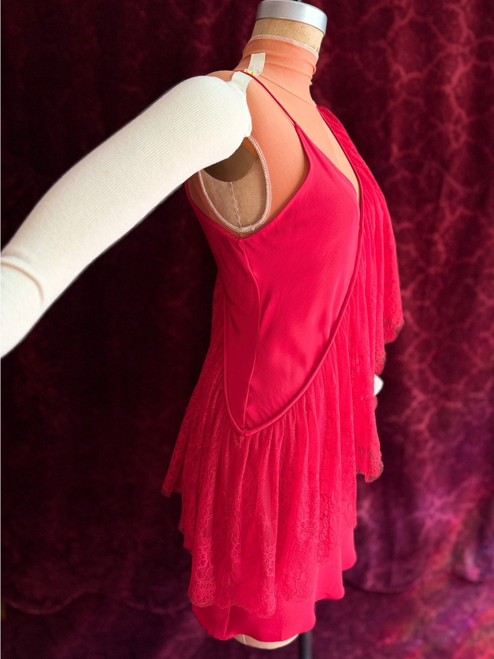 Diane Von Furstenberg Red One-Shoulder Lace-Trim Silk Mini Dress - Picture 3 of 11